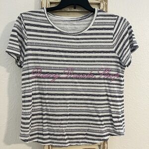 OLD NAVY Women's Size L White/Blue Tribal Graphic Striped‎ Relaxed Fit Tee